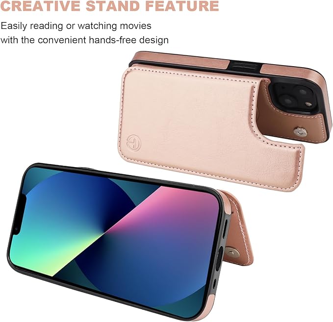 ONETOP Compatible with Magsafe for iPhone 13 Wallet Case with Card Holder, PU Leather Kickstand RFID Blocking Case, Double Magnetic Clasp and Durable Shockproof Cover 6.1 Inch (Rose Gold)