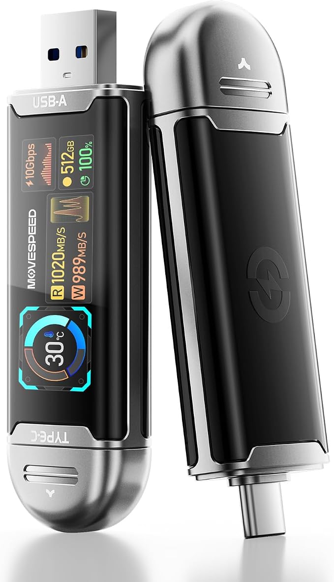 MOVE SPEED 512GB USB Drive with Smart Display 1090MB/s USB 3.2 Gen2 and Type C SSD Memory Stick for ProRes 4K Video iPhone 17/16/15, Android Phone, Windows, Mac, Tablet