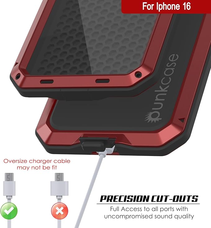Punkcase for iPhone 16 Metal Case | Heavy Duty Military Grade Armor Cover | Hard Aluminum & TPU Design W/Tempered Glass Screen Protector for iPhone 16 (6.1") (2024) [Red]