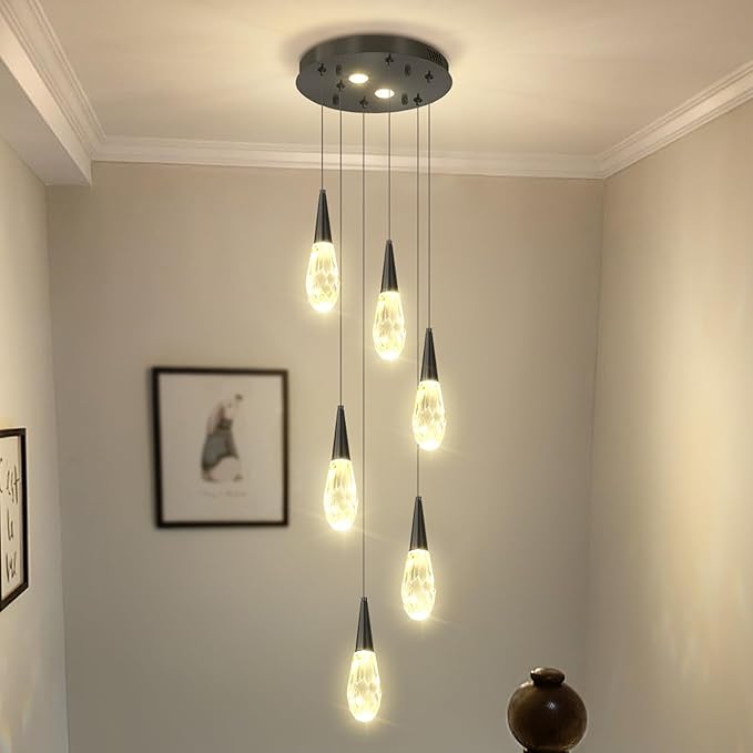 Modern Crystal Chandelier 6-Lights Pendant Chandeliers for Staircase Black Kitchen Pendant Light Fixture Hanging Lighting for Dining Room Living Room Bedroom Entryway