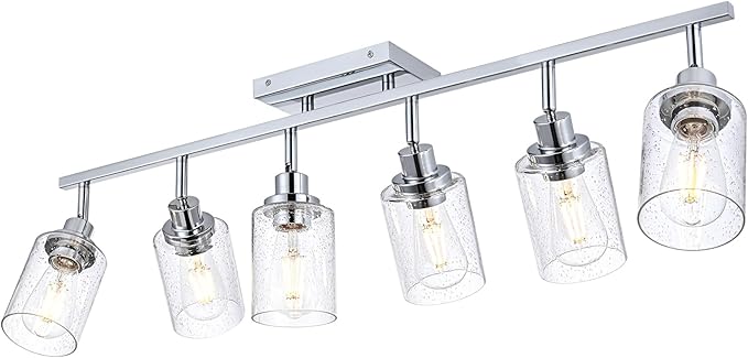 6-Light Track Lighting Kit Chrome Tracking Lights Fixture Ceiling Vanity Light with Seeded Glass Track Lighting Heads, Multi-Directional Rotating Spotlight Fixtures for Kitchen Accent Shop