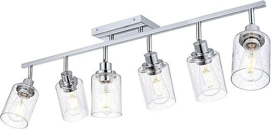 6-Light Track Lighting Kit Chrome Tracking Lights Fixture Ceiling Vanity Light with Seeded Glass Track Lighting Heads, Multi-Directional Rotating Spotlight Fixtures for Kitchen Accent Shop