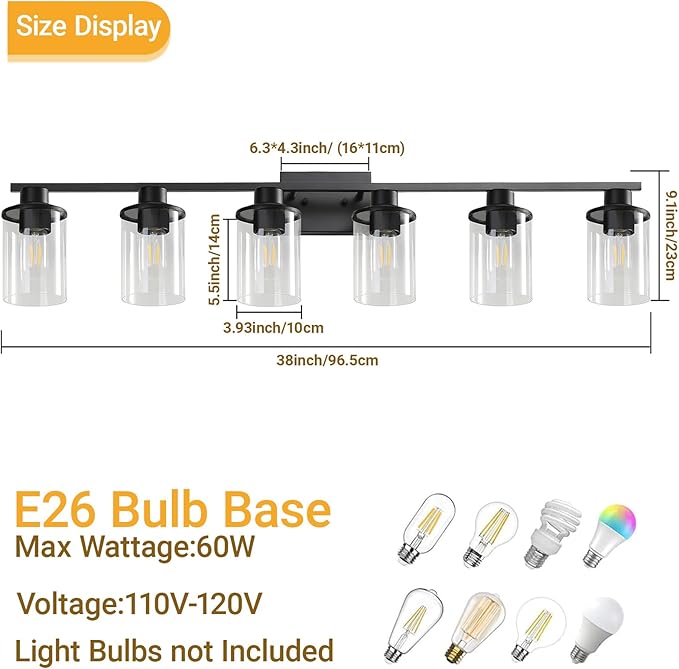 LOUSACE 6 Light Bathroom Vanity Light, 38" Matte Black Vanity Lighting Fixture Over Mirror with Clear Glass Shade, E26 Base
