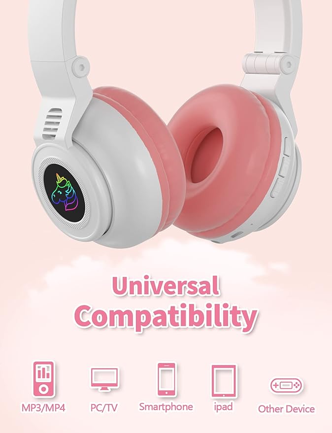 Unicorn Kids Headphones for Girls, Unicorn Bluetooth Headphones Foldable for Girls Toddlers Tablet/pad/Amazon fire,Light Up Kids Wireless Headphone Birthday Gifts (White Pink)