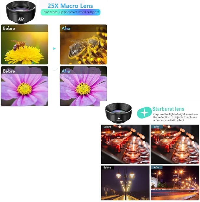 7-in-1 Phone Camera Lens Kit ??210° Fisheye Lens, 120° Wide Angle Lens, 20X Macro Lens for iPhone, Samsung & Android Smartphones ??HD Optical Glass, Universal Clip, Portable Case (Black) (7 in 1)