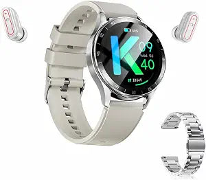 X10 Smart Watch with Earbuds for iPhone Android Smartphones 1.39 Inch Round Bluetooth Call Smartwatch Fitness Tracker All-in-one Smartwatches Long Time Standby TWS Music Watch for Men Women (Silver)