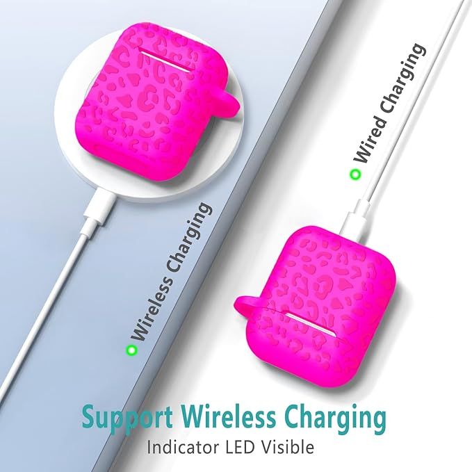 Compatible with Airpods Case Leopard Engraved Skin Cover Compatible with Airpods 2nd/1st Charging Case,Cute Soft Silicone Full Protective, Front LED Visible, Hot Pink