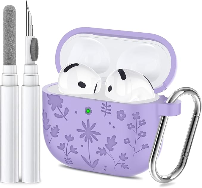 Compatible with AirPods 4th Generation Case Cover with Cleaner Kit, Flower Engraved Silicone Shockproof Protective Skin Cover for AirPods 4 Case 2024 with Keychain, Purple