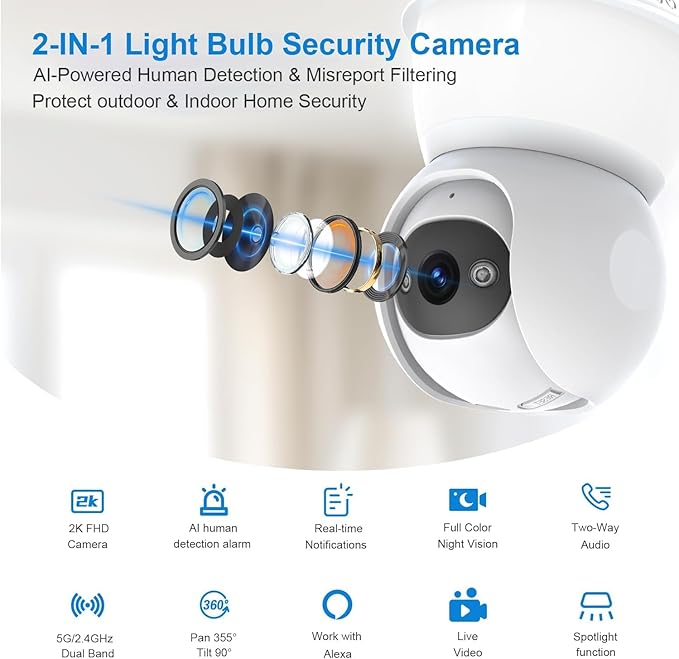 Light Bulb Security Camera, 5G/2.4GHz WiFi Lightbulb Cameras Outdoor for Home Security,2-IN-1 Bulb Security Camera with LED Light E27 Compatible, Smart AI Human Detection,Color Night Vision (1Pack)