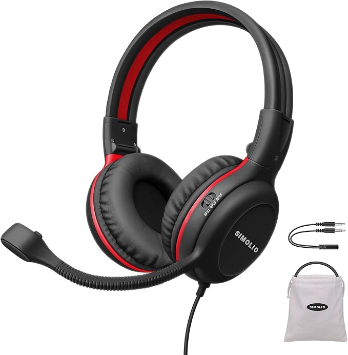 SIMOLIO Headphones Wired Kids with Boom Microphone for School & Meeting & Gaming, 3 Levels Hearing Protection Headphones for Boys, Girls, Children, Teens, Foldable Durable Stereo Headsets for iPad, PC