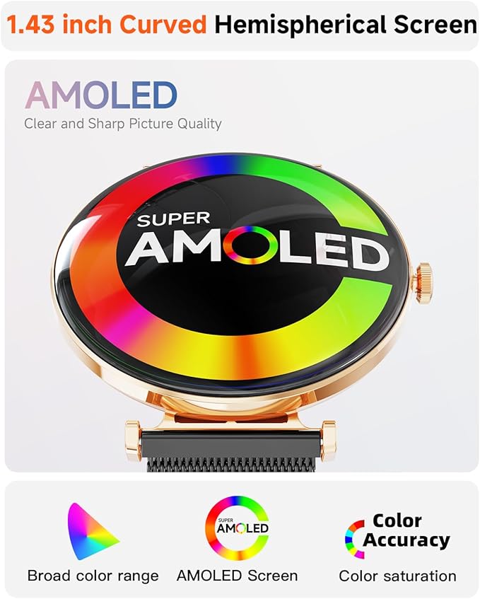 Smart Watches for Women Men[Calls/2 Bands/Metal Thin Body] for Android iPhone Samsung Compatible,1.43" Micro-Spherical AMOLED Screen,IP68 Waterproof Sports Watch (Black-Gold)