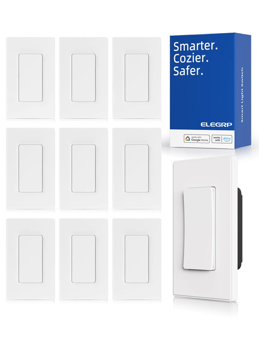 ELEGRP Smart Light Switch, 2.4GHz Wi-Fi Light Switch Compatible with Alexa & Google Assistant, Neutral Wire Required, APP Control and Timer Schedule, UL Certified,Single Pole, White, 10 Pack