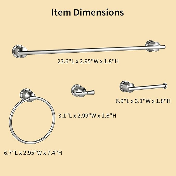 YUMORE Brushed Stainless Steel Bathroom Hardware Set, 4-Pieces Wall Mounted Bath Accessories Kit with Towel Bar, Towel Ring, Toilet Paper Holder & Robe Hooks, Modern Durable Design