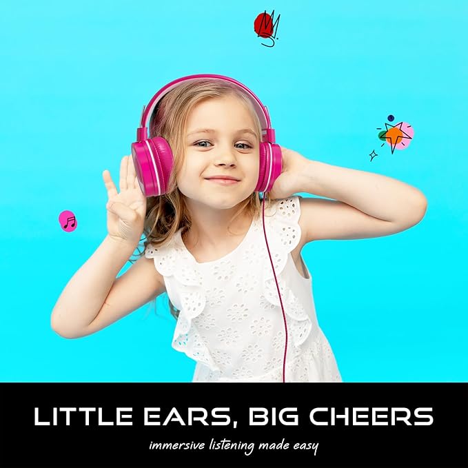MYZI Kids Headphones with Cord, Foldable Over Ear Headphones for Kids with Microphone, Tangle-Free Wired 85dB Safe Volume Toddler Headphones for iPad, School, and Airplane – Pink