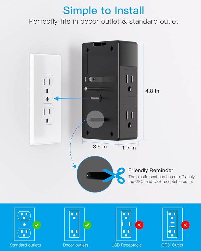 Multi Plug Outlet, Surge Protector, 5 Outlet Extender with 4 USB Ports (2 USBC), PD 20W USB Wall Charger, 3-Sided 1800J Power Strip Outlets Splitter Wall Plug Adapter Spaced for Home Office, Black