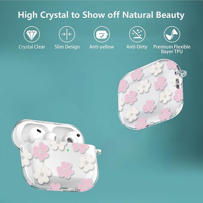 for Airpods Pro 3 Case Clear,Cute Pink Floral Design for Airpods Pro 3 Case Cover,Shockproof Soft TPU Skin Accessories with Girly Flower Keychain&Cleaning Pen for Women Girls-Crystal