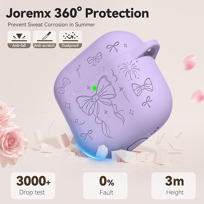 for Airpods 4 Case Cover, Joremx Cute Bow Engraved Silicone Protective Case Cover with Keychain, Cleaner Kit for AirPods 4th Generation Case 2024 (Light Purple)