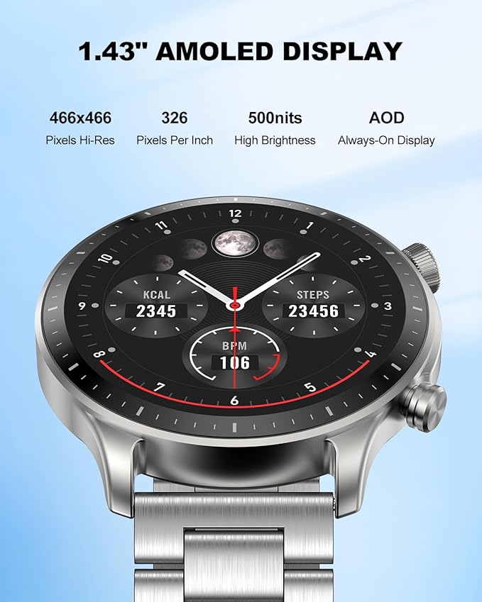 RIVERSONG Smart Watch for Men, 1.43" AMOLED Display with Bluetooth Calling, Heart Rate, Sleep, and SpO2 Monitor, 100+ Sports Modes, for iPhone/Android, Titanium Silver