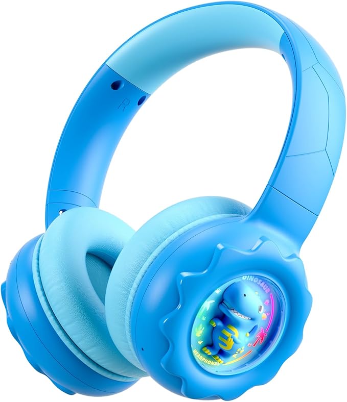 Kids Bluetooth Headphones, Rainbow LED Light, Dinosaur Buddy, 85dB Volume Limited, 60 Hours Playtime, Bluetooth 5.3, USB C, Kids Wireless Headphones for iPad/Tablet/Travel/School, Durable