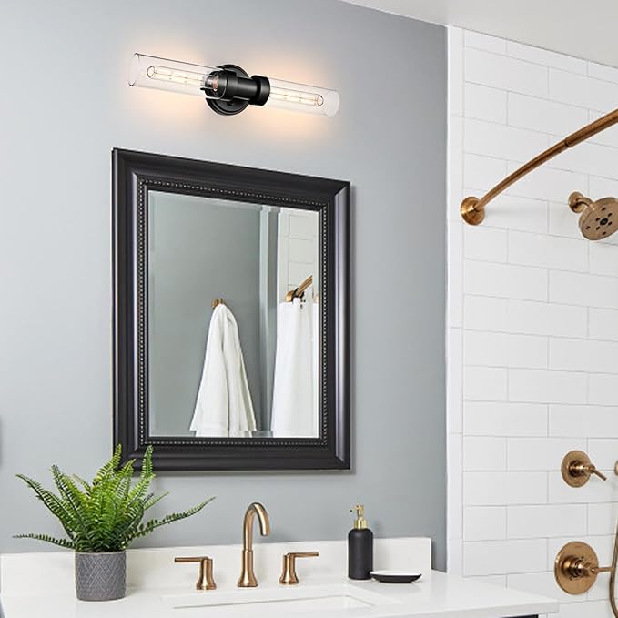 Farmhouse Black Wall Sconce 2-Light Cylinder Bathroom Vanity Lights with Clear Glass Shade 20-Inch Modern Matte Black Glass Sconces Wall Lighting for Bedroom Hallway Staircase
