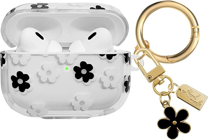 Compatible with AirPods Pro 2 Case Cover 2022, Soft TPU with Cute Flower Pattern for AirPods Pro 2nd/1st Generation Case with Flower Keychain and Carabiner for Girls Women (Black)
