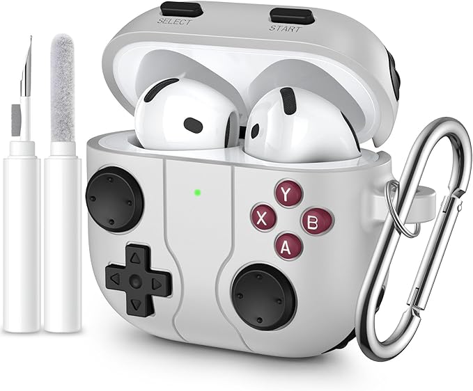 for AirPods 4 2024 Case Cover with Cleaner Kit, Keychain, Compatible with Apple Airpods 4 Case Cover, Cute Funny Game Console Shock-Proof Protective Silicone AirPod 4 Case Covers for Women Girl-Gray