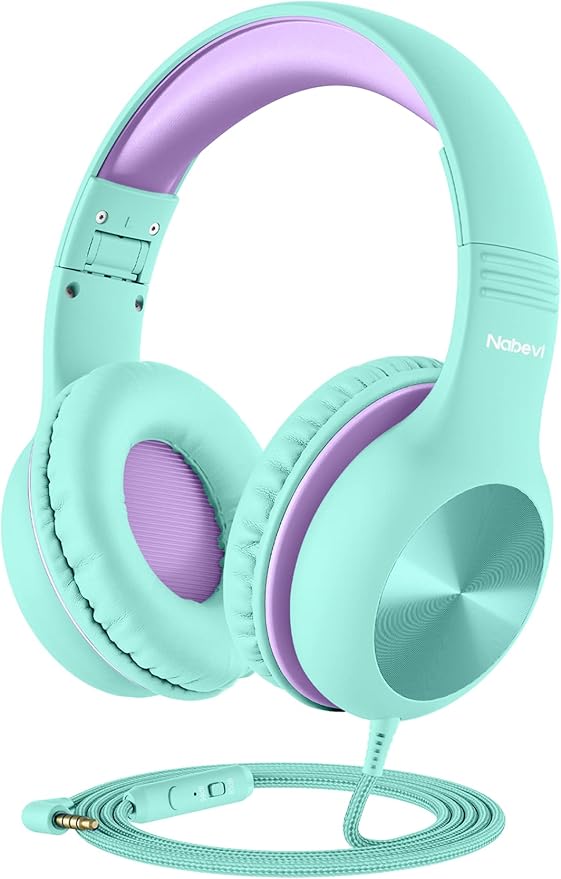 Kids Headphones with Microphone, Over-Ear Headphones for Kids with Sharing Function, 85dB/94dB Safe Volume Limit, Wired Headphone for Children, Kid Headset for School, Tablet, Travel, Green