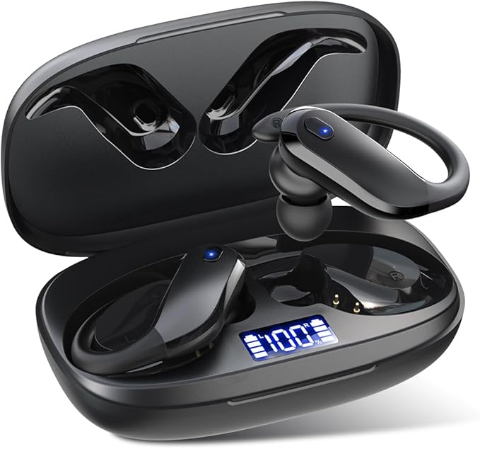 NDO Wireless Earbuds Bluetooth 5.3 Headphones Sport,IPX7 Waterproof Sports Earphones with Earhooks,48H Playtime,Lightweight 7.8g,Fast Charging Case,Noise Cancelling Mic for Running Gym Workout-Black