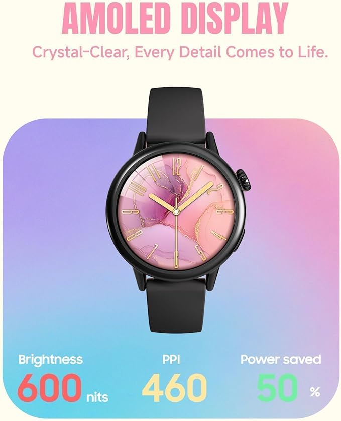 TOOBUR Petite Smart Watch for Women, 1.1'' AMOLED Screen Smartwatch, Compatible Android & iOS Phones, Answer/Make Calls, Fitness Tracker with Heart Rate/Step/Calories Monitor, 100+ Sports Modes, Black
