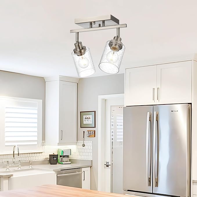 2-Light Brushed Nickel Kitchen Track Lighting Fixtures Ceiling Mount Track Lighting Kit with Bubble Seeded Glass Shade Modern Bathroom Tracking Vanity Lights Ceiling Tracking Accent Shop Light