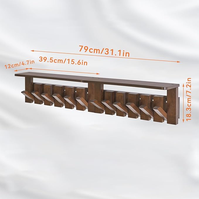 YMYNY Coat Rack Wall Mount with Shelf, 2 Pack Wall Shelf with Retractable Hooks, Wooden Wall Coat Rack for Entryway, Bedroom for Hanging Clothes/Coats/Keys/Hats/Towels/Bags, Walnut, HWS008H-2