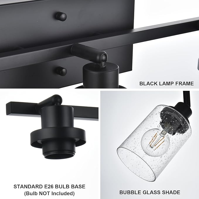 5-Light Black Track Lighting Kit Ceiling Mount Kitchen Track Lighting Fixtures, Bathroom Ceiling Tracking Vanity Light with Bubble Seeded Glass Shade & Rotatable Tracking Heads for Accent Shop