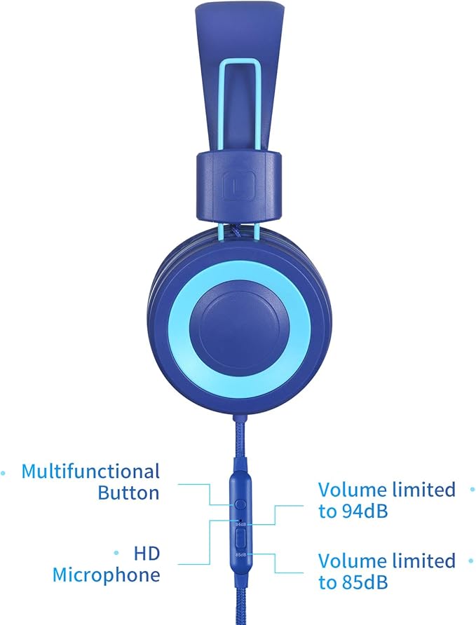 P10 Kids Stereo Headphones with Microphone for Children Boys Girls,Adjustable 85dB/94dB Volume Control Foldable On-Ear Headphone for School/PC/Cellphone(Blue)