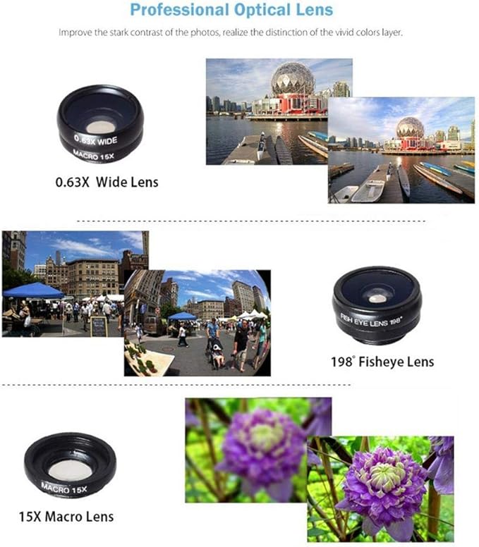 Phone Camera Lens Kit,4 in 1 Cell Phone Camera Lenses Kit - 18X Telescopic Lens + 198° Fisheye Lens + 0.36 Super Wide Angle Lens 15X Macro Lens