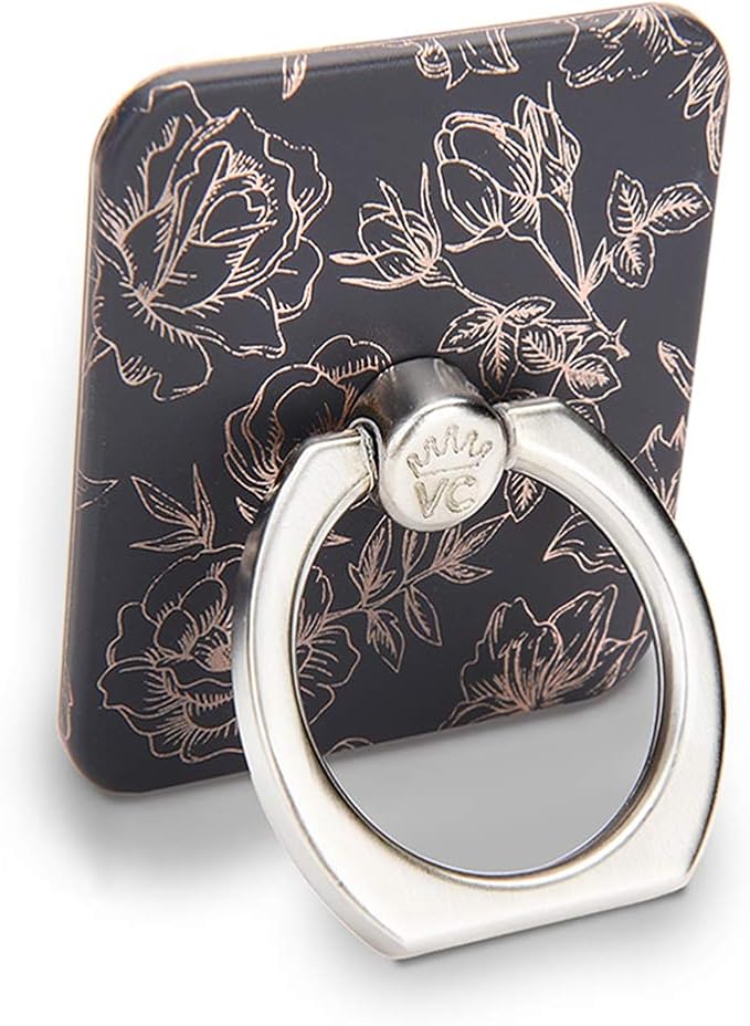 Velvet Caviar Cell Phone Ring Holder - Finger Ring & Stand - Improves Phone Grip Compatible with iPhone, Galaxy and Most Cases (Except Silicone/Leather) - Black Rose Gold Flower