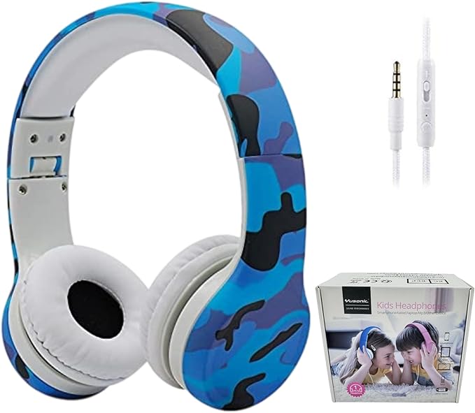 Kids Headphones with Cord, Toddler Headphones with Sharing Function, 85dB/93dB Safe Volume Limit, for Toddler Children Baby Boys Girls On-line Study, School, Travel use (camo Blue)
