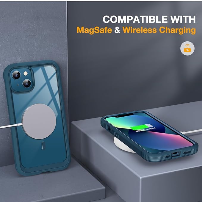 Miracase Glass Series Designed for iPhone 13 Case 6.1 inch, 2023 Upgrade Full-Body Magnetic Clear Bumper Case with Built-in 9H Tempered Glass Screen Protector,Storm Blue