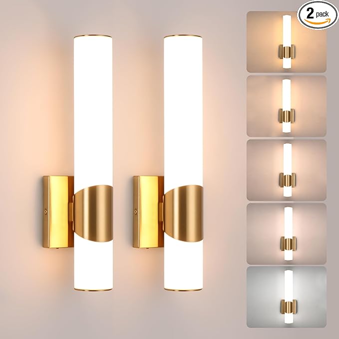 Gold Wall Sconces Set of Two 15 inch 5CCT Dimmable Bathroom Sconce with Acrylic Shade LED Hardwired Wall Light Fixtures for Bathroom Living Room Bedroom Hallway, 2 Pack