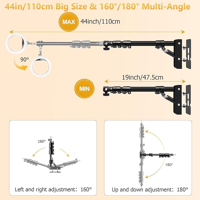 MACTREM Ring Light Wall Mount,44’’/110cm Wall Mounting Triangle Boom Arm for Strobe Light, Photography, Softbox, Reflector,Umbrella,Studio Video Light, Support 180°Rotation