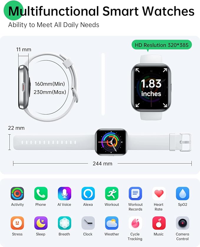 WMK Smart Watches for Women Men (Android/iPhone), 1.83" HD Alexa Smart Watch with Bluetooth Calls/Messages/Reminders, 24/7 Heart Rate/SpO2 Monitor Watch, 120+ Sport Modes Fitness Tracker Watch, Gift