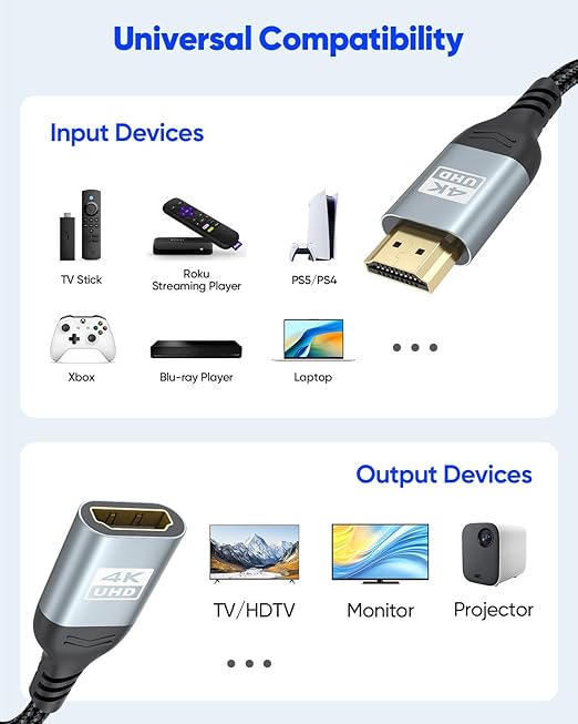 HDMI Extension Cable 15 FT, 4K HDMI Extender Cable Male to Female Adapter Extension Cord 4K@60Hz, 2K, 1080P, ARC, HDR Compatible with Laptop, HDTV, Monitor, Roku, Fire TV Stick, Xbox, PS5