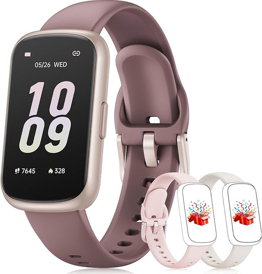 Fitness Tracker with 24/7 Heart Rate Monitor, Sleep Tracker - 3 ATM Waterproof Fitness Watch Calorie Step Counter Smart Watch Includes 3 Sport Bands for Android iOS Women Men, Smoky Violet