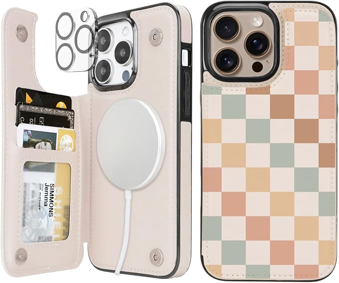 uCOLOR for iPhone 14 Pro Max 6.7" Wallet Case Magsafe with Card Holder Slot【Compatible with MagSafe】 Folio Flip PU Leather Double Magnetic RFID Design (Pastel Check Vibes)