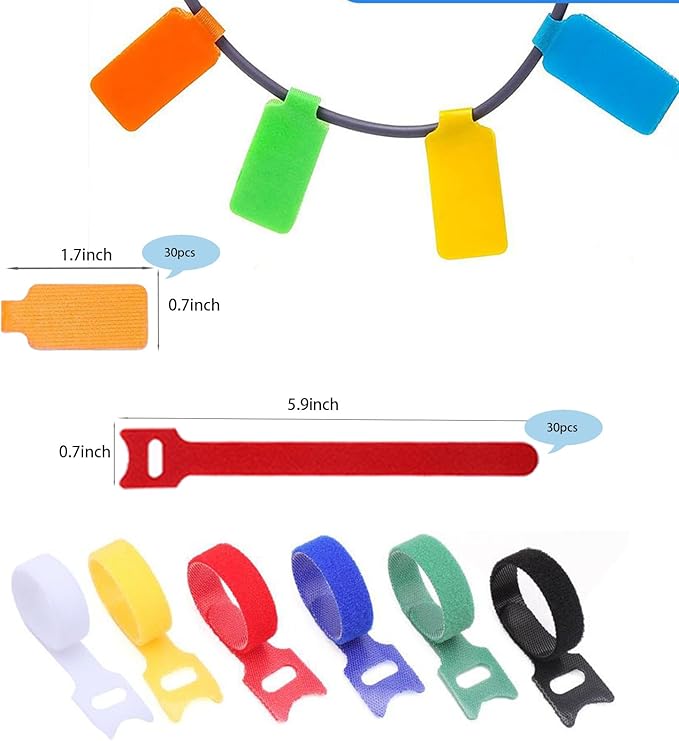 60 Pack Reusable Color-Coded Write-On Cable Labels & Cord Organizer Kit with 30 Labels to Label Cords + 30 Ties for Home Office Electronics Cord Management