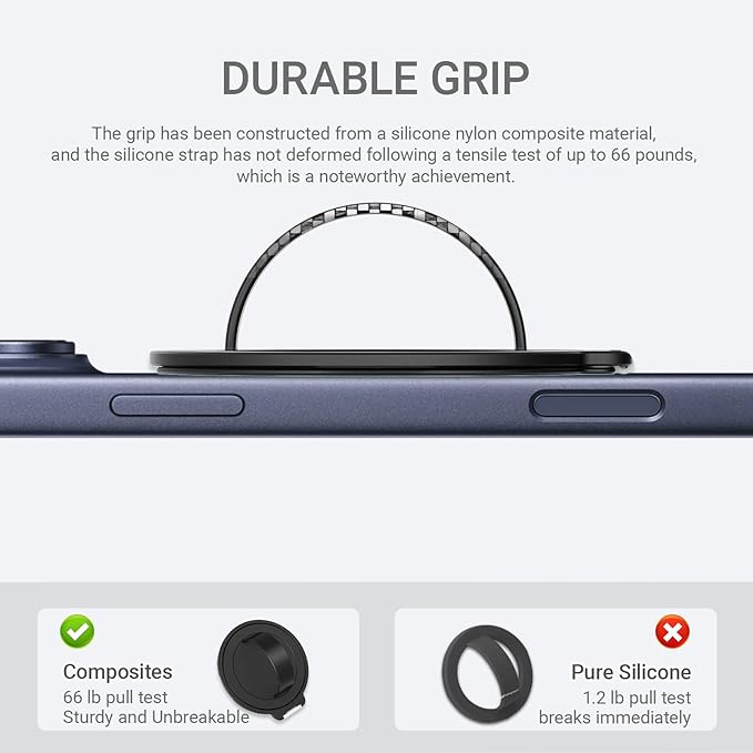 Grat 3 for Magsafe Magnetic Phone Grip Stand, 360° Rotatable Silicone Strap Phone Loop Holder, Detachable Ring Kickstand Compatible with iPhone 17 Pro Max Air 16 15 14 13 12, Black
