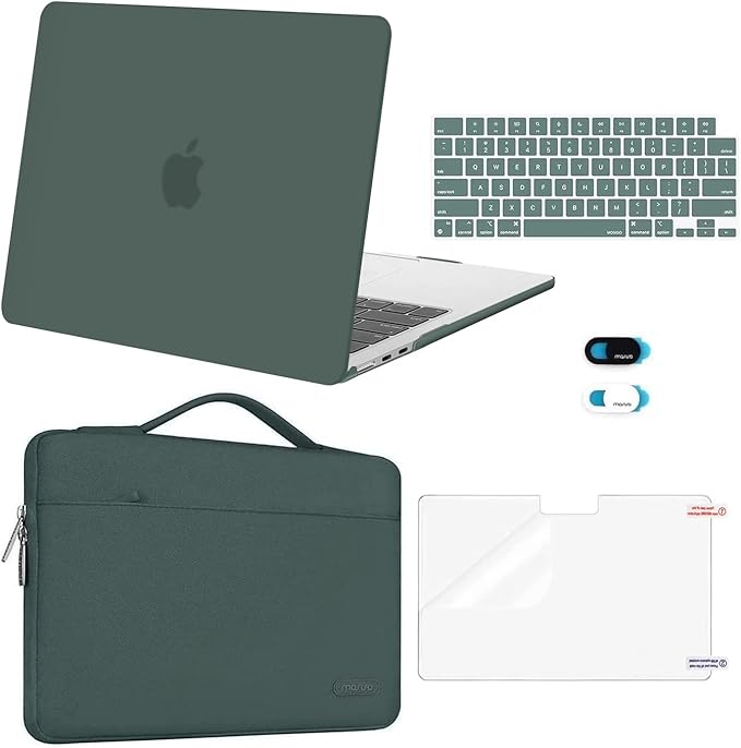MOSISO Compatible with MacBook Air 13 inch Case M5 2026 M4 2025 M3 M2 2024-2022 A3449 A3240 A3113 A2681,Hard Shell&Sleeve Bag&Keyboard Skin&Webcam Cover&ScreenFilm for MacBook Air 13.6, Emerald Green