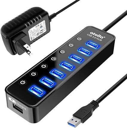 Powered USB Hub 3.0, Atolla 8-Port USB 3.0 Data Hub Splitter with One Smart Charging Port and Individual On/Off Switches and 5V/4A Power Adapter USB Extension for MacBook, Mac Pro/Mini and More