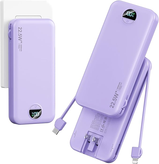 12000mAh Ultra-Portable-Charger-Power-Bank with Built in Cables&AC Wall Plug,PD20W USB-C Fast Charging Cell Phone Charger Battery Pack,LED Display Travel Battery Bank for All iPhone,Samsung,Android