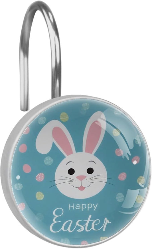 Easter Cute Bunny Rabbit Crystal Glass Shower Curtain Hooks for Bathroom Shower Rod, 12Pcs Round Home Decorative Shower Curtain Rings, Blue Bathroom Bedroom Living Room Accessories