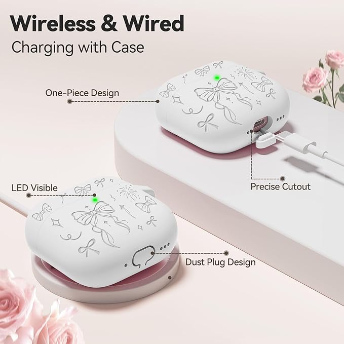 for Airpods 4 Case Cover, Joremx Cute Bow Engraved Silicone Protective Case Cover with Keychain, Cleaner Kit for AirPods 4th Generation Case 2024 (White)